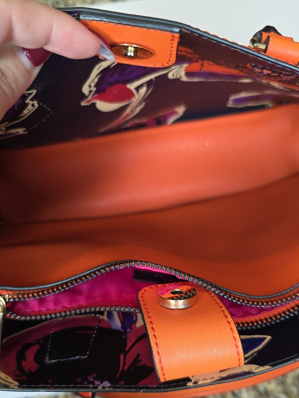 Trina Turk Orange Saffiano Satchel Bag Medium Floral Interior Vibrant Bold Autum - Picture 10 of 15